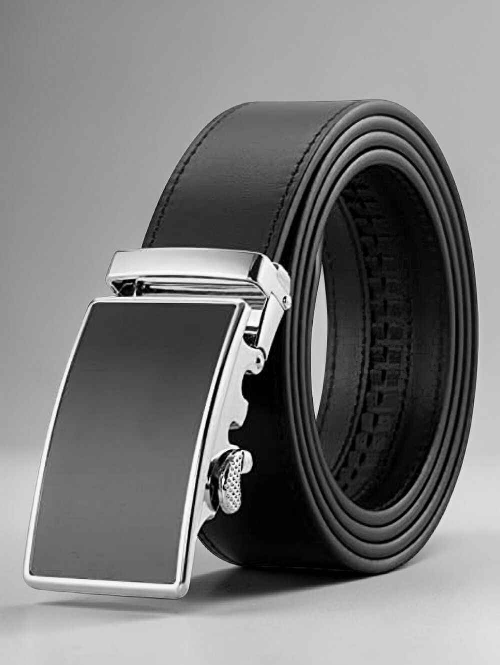 Men's Black Bonded Leather Ratchet Belt Silver Slide Buckle Adjustable 34-36